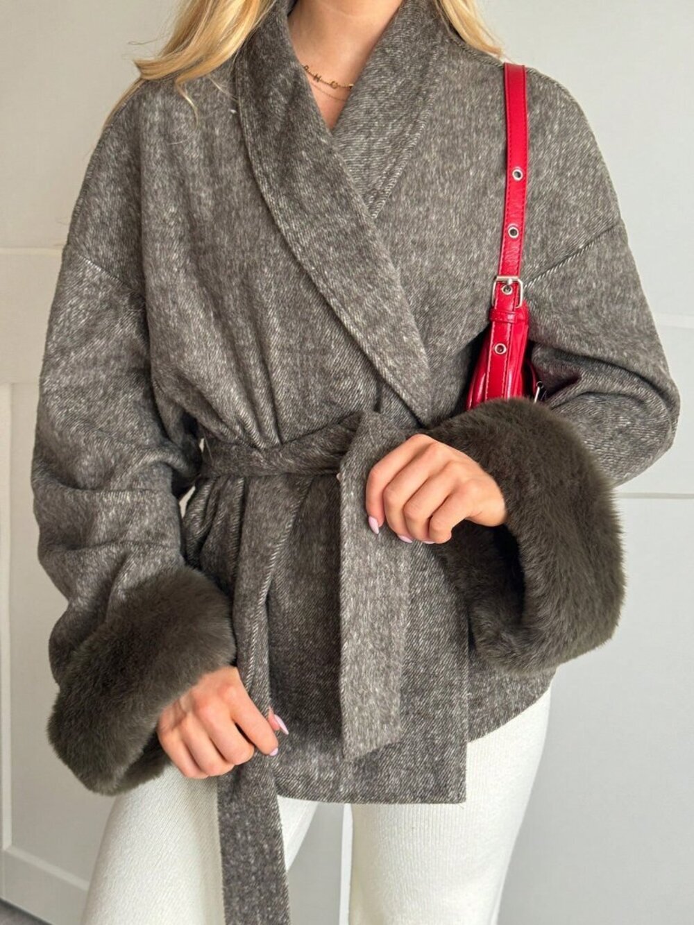 Khaki Casual Women's Plush faux fur detailed belted Waist loose Coat